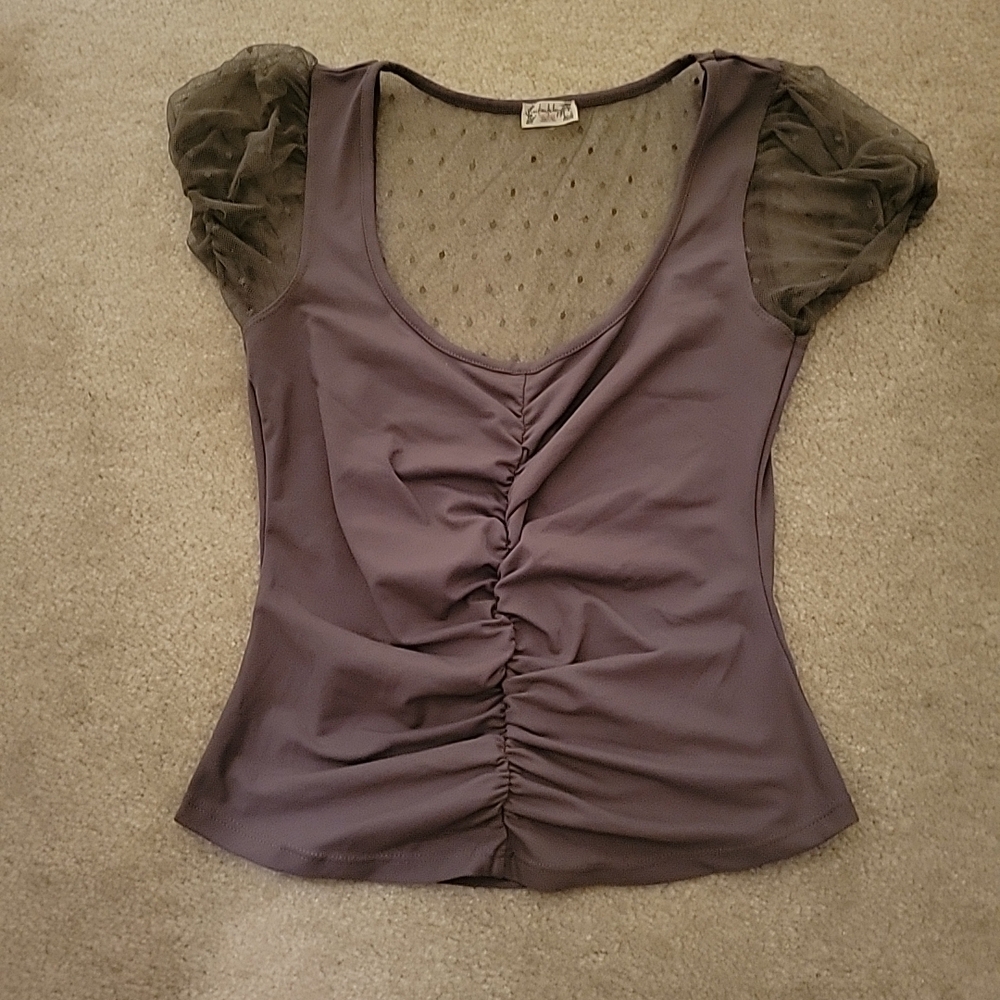 Free People Gray Ruched Crop Top with Mesh Sleeves